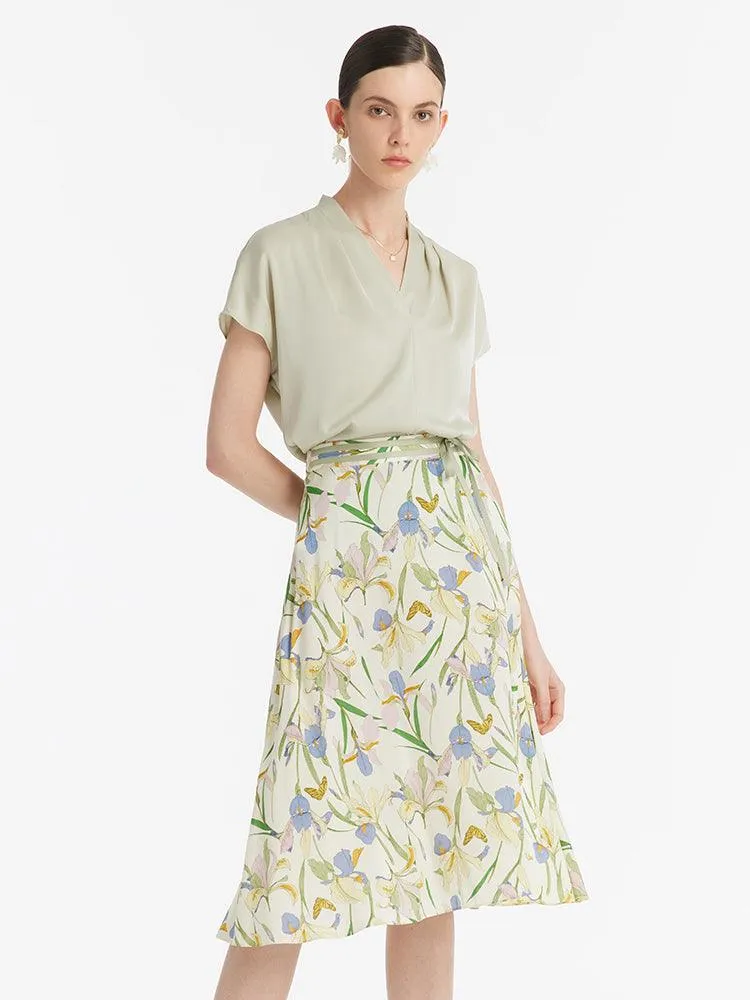 19 Momme Mulberry Silk Iris Printed Women Half Skirt