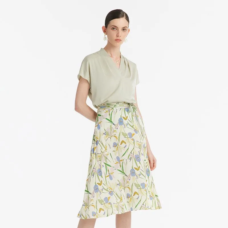 19 Momme Mulberry Silk Iris Printed Women Half Skirt