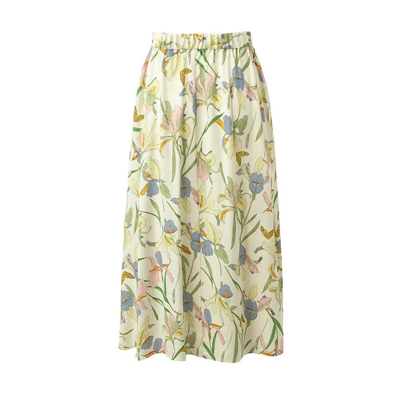 19 Momme Mulberry Silk Iris Printed Women Half Skirt