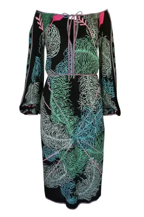 1960s Emilio Pucci Feather Print Off Shoulder Silk Jersey Dress