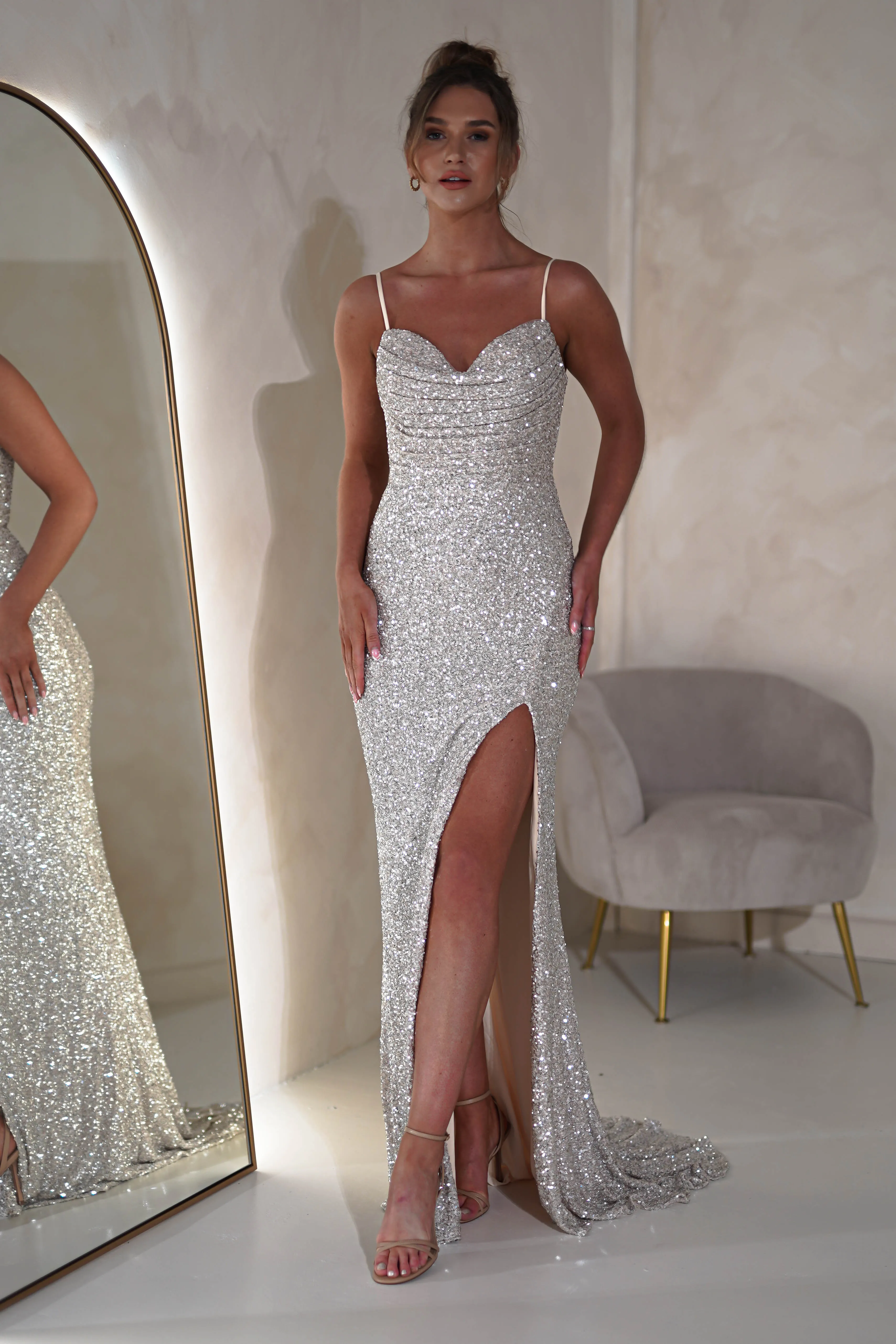 Audrina Bodycon Sequin Gown | Silver/Nude