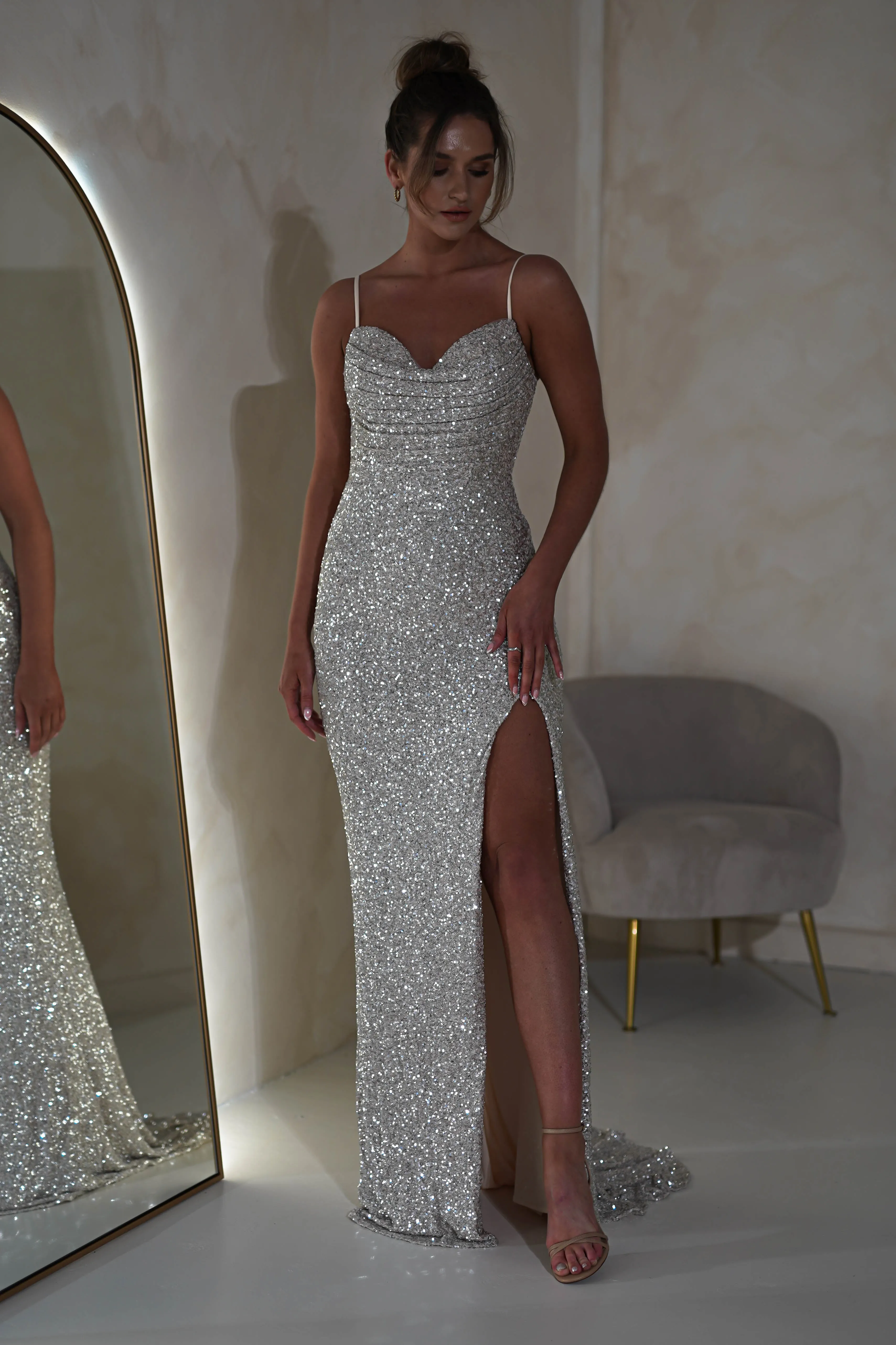 Audrina Bodycon Sequin Gown | Silver/Nude