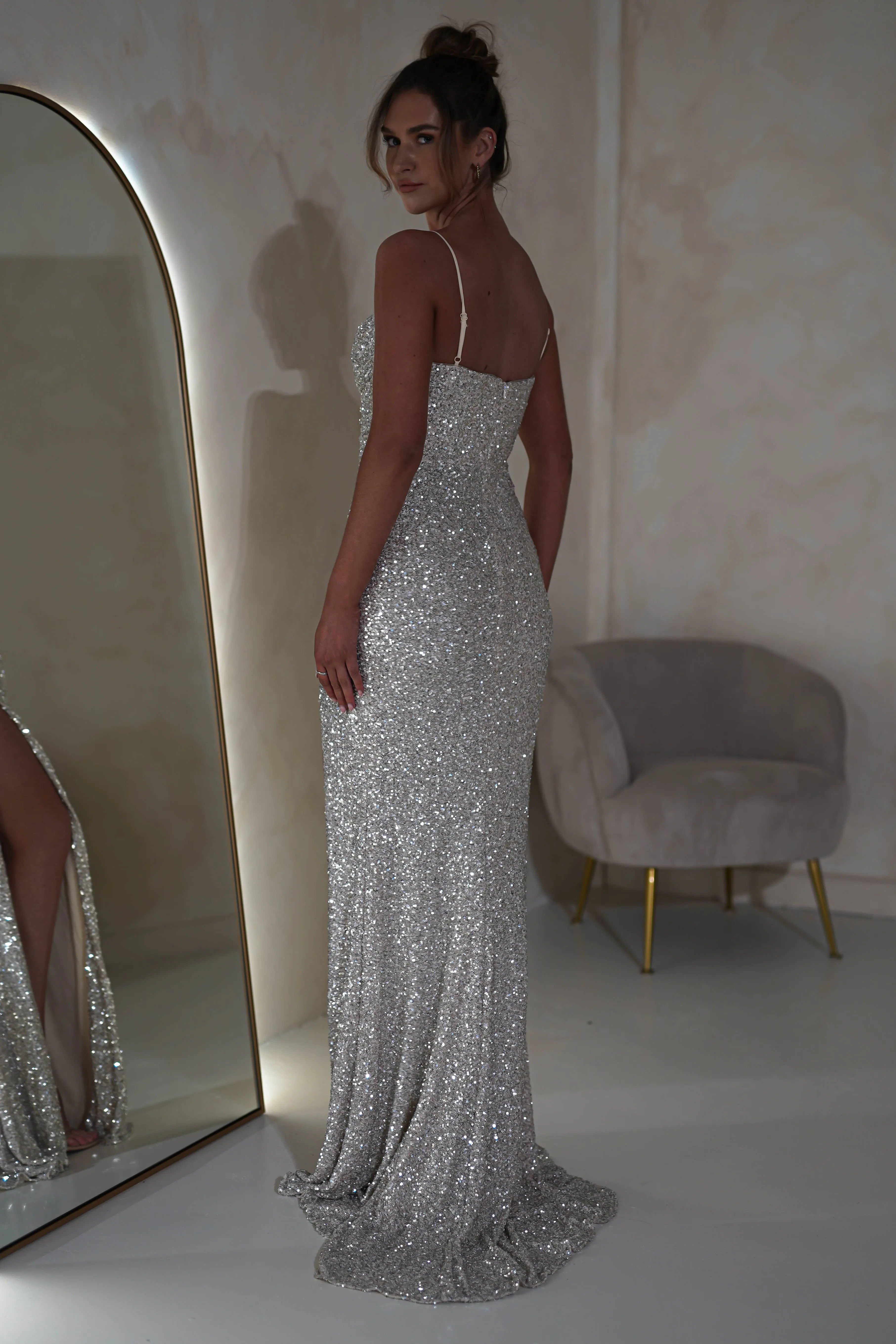 Audrina Bodycon Sequin Gown | Silver/Nude