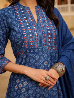 Blue Ethnic Motif Printed Cotton Kurta, Pant And Dupatta Set With Mirror Work