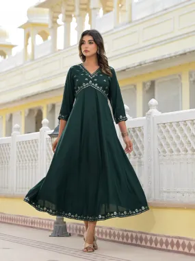 Bottle Green Mirror Embroidered Liva Rayon Dress With Sequins