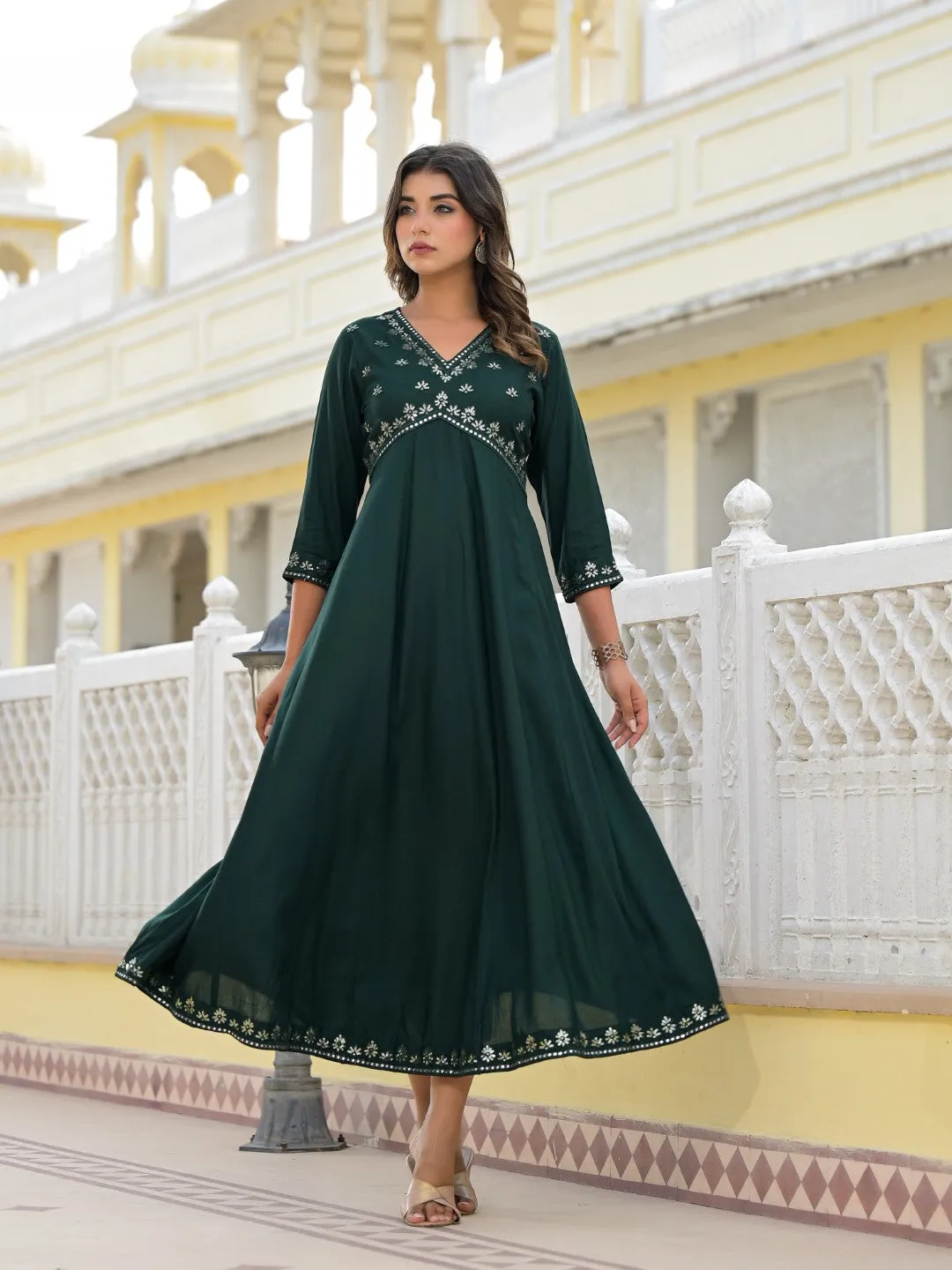 Bottle Green Mirror Embroidered Liva Rayon Dress With Sequins