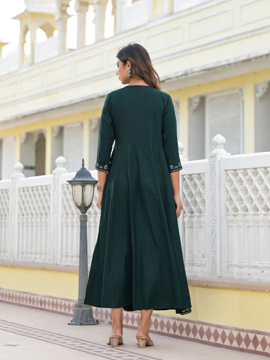 Bottle Green Mirror Embroidered Liva Rayon Dress With Sequins