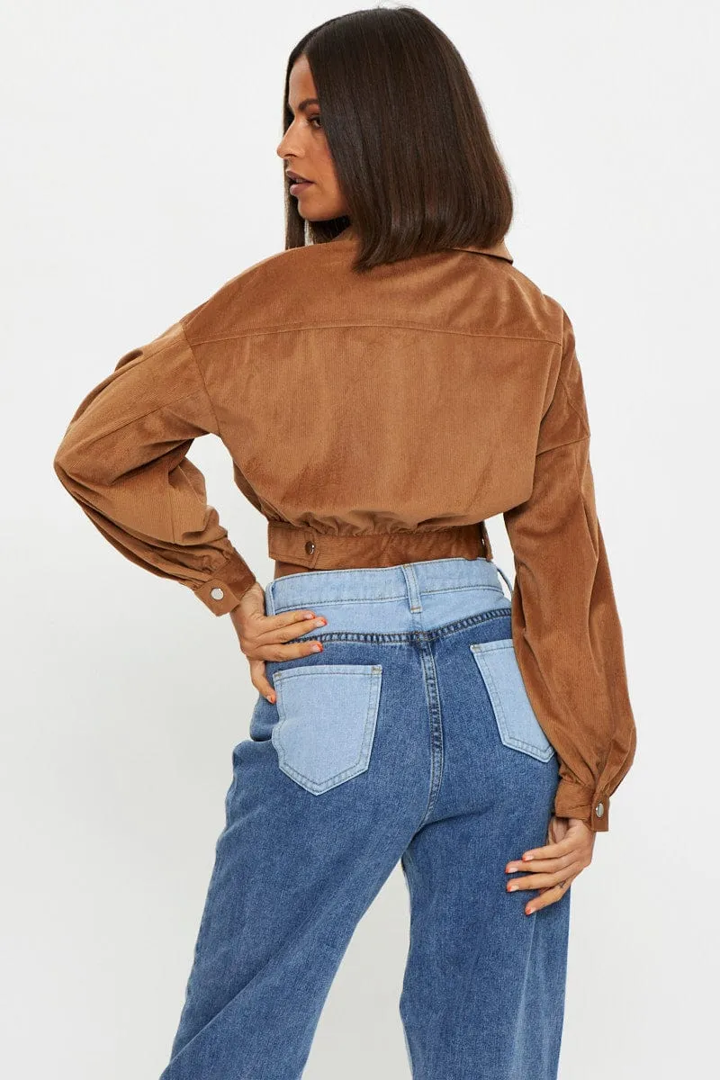 Brown Crop Button Front Shirt