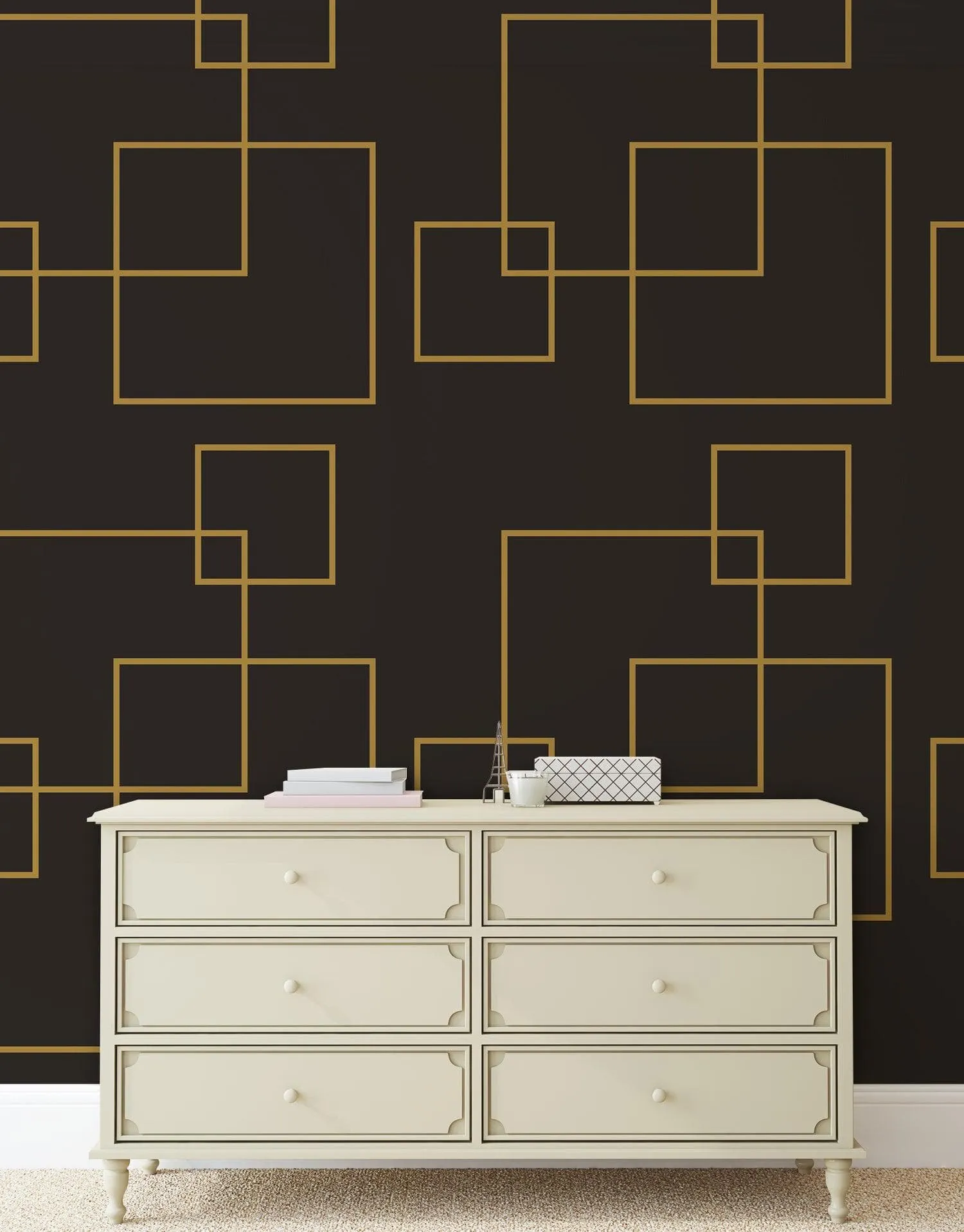 Dark Brown and Gold Square Geometric Pattern Peel and Stick Wallpaper | Removable Wall Mural #6215