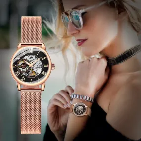 Forsining Fashion Elegant Rose Gold Mechanical Watch for Men Mesh Stainless Steel Strap Luxury Ladies Watches