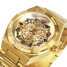 Forsining Luxury Irregular Gold Skeleton Automatic Mechanical Mens Watch TM 344G Stainless Steel Strap Luminous Hands