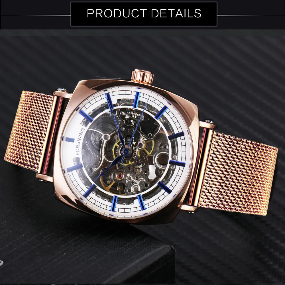 Forsining Rose Gold Square Skeleton Automatic Mechanical Mens Watch Luxury Engraved Movement Mesh Stainless Steel Strap 242G