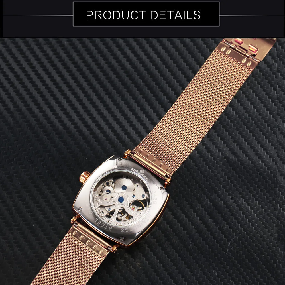 Forsining Rose Gold Square Skeleton Automatic Mechanical Mens Watch Luxury Engraved Movement Mesh Stainless Steel Strap 242G