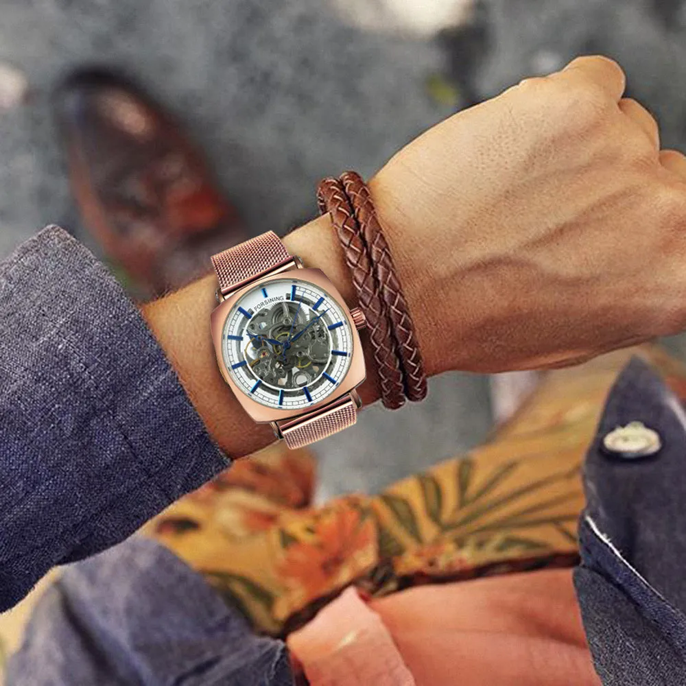 Forsining Rose Gold Square Skeleton Automatic Mechanical Mens Watch Luxury Engraved Movement Mesh Stainless Steel Strap 242G