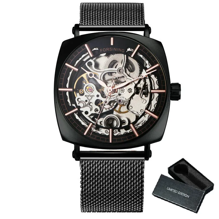 Forsining Rose Gold Square Skeleton Automatic Mechanical Mens Watch Luxury Engraved Movement Mesh Stainless Steel Strap 242G