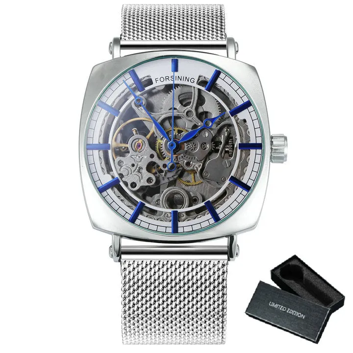 Forsining Rose Gold Square Skeleton Automatic Mechanical Mens Watch Luxury Engraved Movement Mesh Stainless Steel Strap 242G