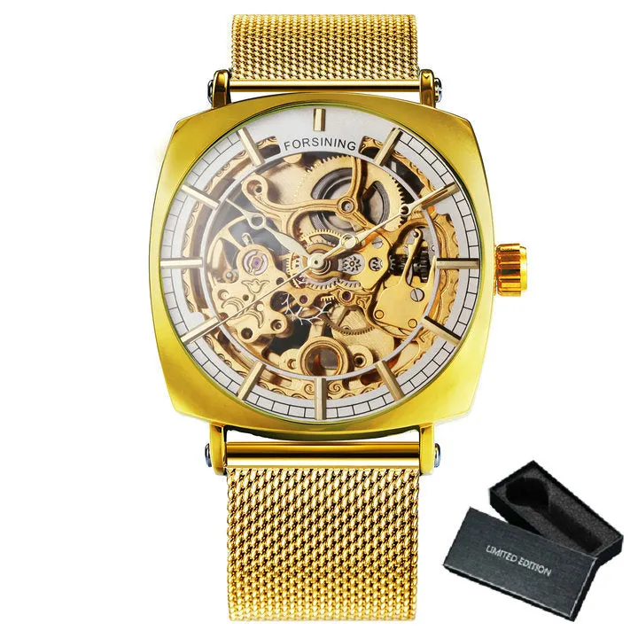 Forsining Rose Gold Square Skeleton Automatic Mechanical Mens Watch Luxury Engraved Movement Mesh Stainless Steel Strap 242G