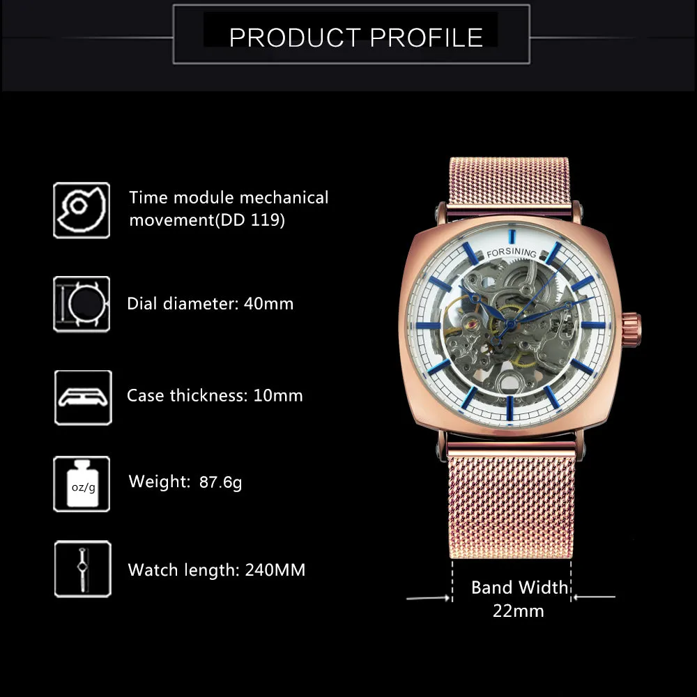 Forsining Rose Gold Square Skeleton Automatic Mechanical Mens Watch Luxury Engraved Movement Mesh Stainless Steel Strap 242G