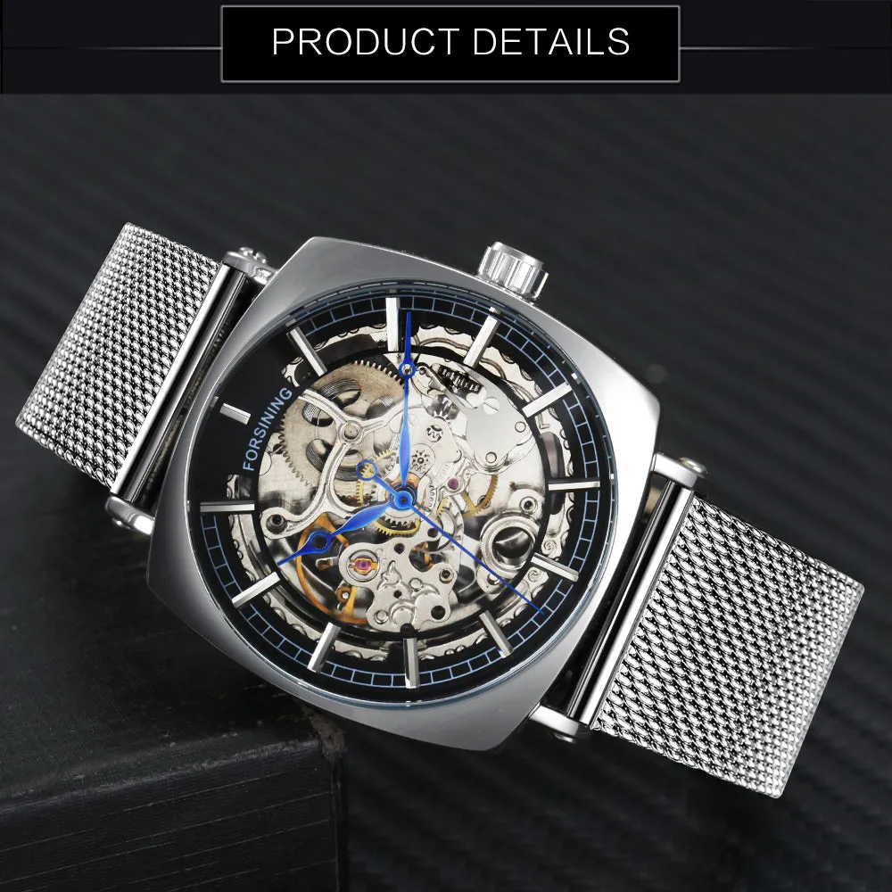 Forsining Rose Gold Square Skeleton Automatic Mechanical Mens Watch Luxury Engraved Movement Mesh Stainless Steel Strap 242G