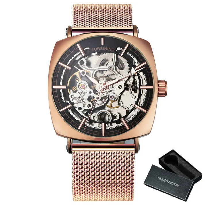 Forsining Rose Gold Square Skeleton Automatic Mechanical Mens Watch Luxury Engraved Movement Mesh Stainless Steel Strap 242G