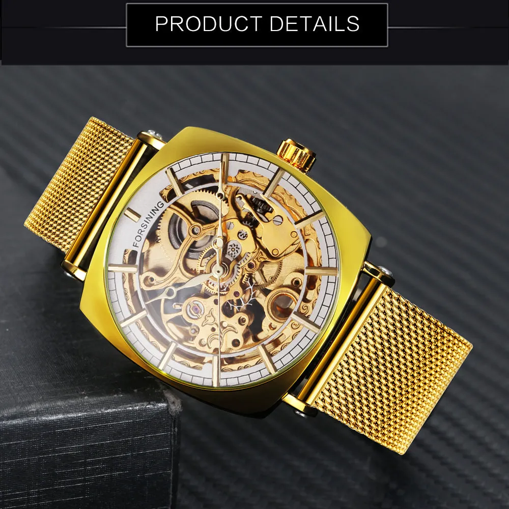 Forsining Rose Gold Square Skeleton Automatic Mechanical Mens Watch Luxury Engraved Movement Mesh Stainless Steel Strap 242G