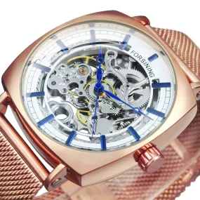 Forsining Rose Gold Square Skeleton Automatic Mechanical Mens Watch Luxury Engraved Movement Mesh Stainless Steel Strap 242G