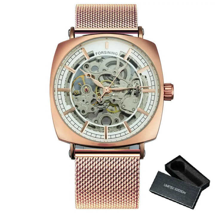 Forsining Rose Gold Square Skeleton Automatic Mechanical Mens Watch Luxury Engraved Movement Mesh Stainless Steel Strap 242G