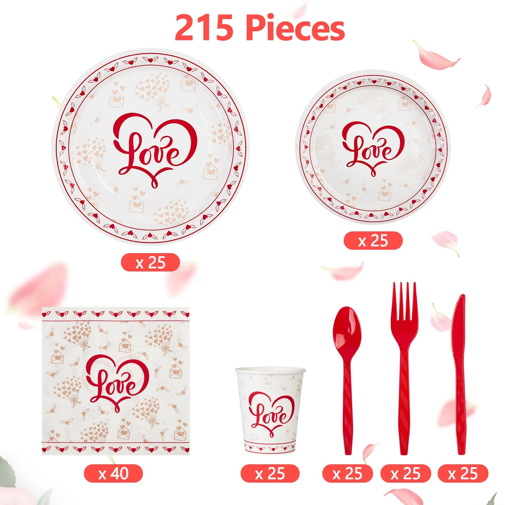 GARVEE 215 Pcs Valentine's Day Party Supplies, Heart Love Design Decorations Paper Plates and Napkins, Disposable Tableware Set for Valentine's Day and Wedding, Serve 25