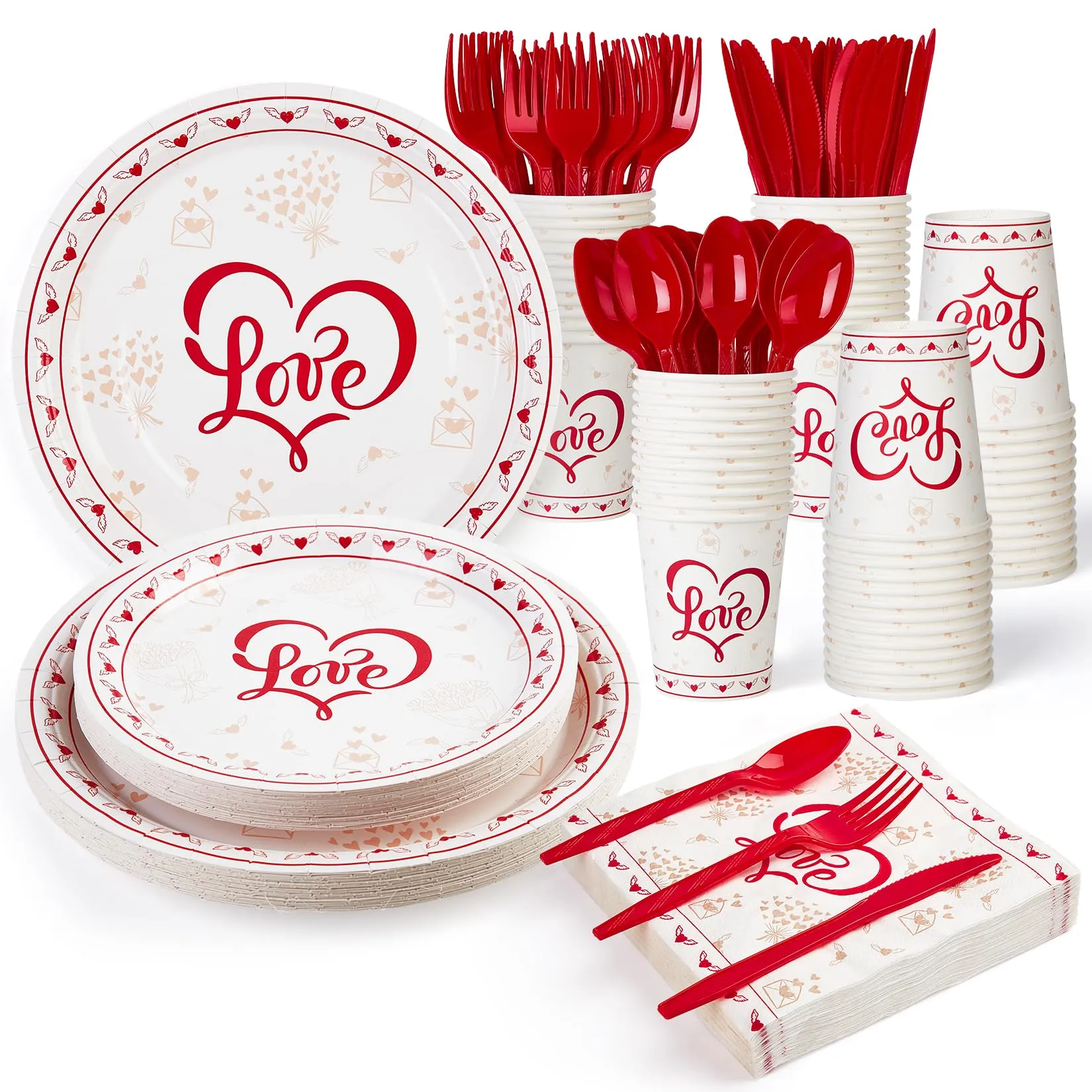 GARVEE 215 Pcs Valentine's Day Party Supplies, Heart Love Design Decorations Paper Plates and Napkins, Disposable Tableware Set for Valentine's Day and Wedding, Serve 25