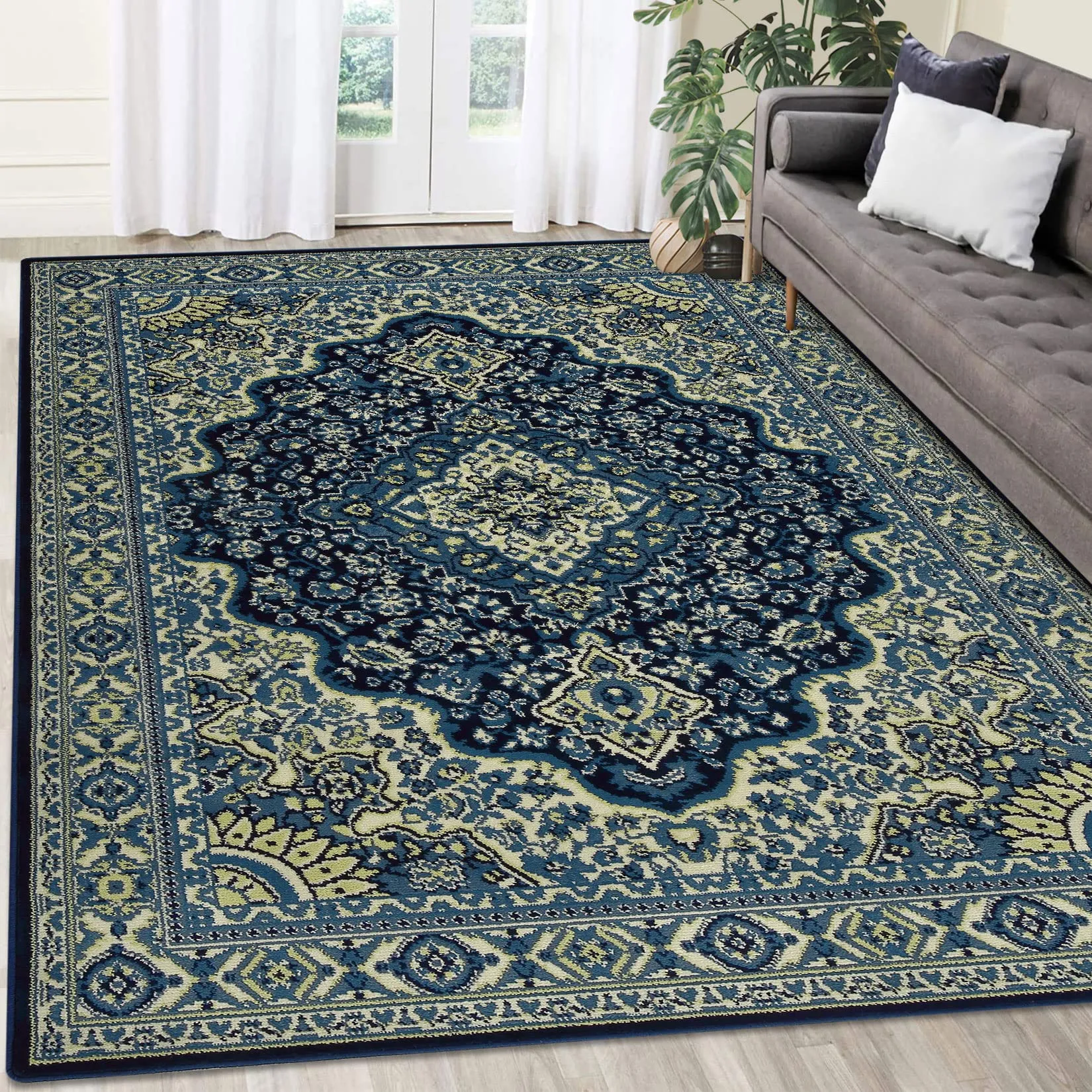 GARVEE 8x10 Area Rug Vintage Rug Boho Rug Indoor Living Room Bedroom Large Area Rug Medallion Collection Area Rug Non-Shedding Oriental Traditional Area Rug, Blue