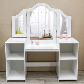 GARVEE Kids Vanity Table, Girls 2 in 1 Princess Makeup Desk with Touch Light Detachable Tri-Folding Mirror, Open Storage Shelves, Wood Makeup Playset with Chair, Princess Vanity Table for Little Girls