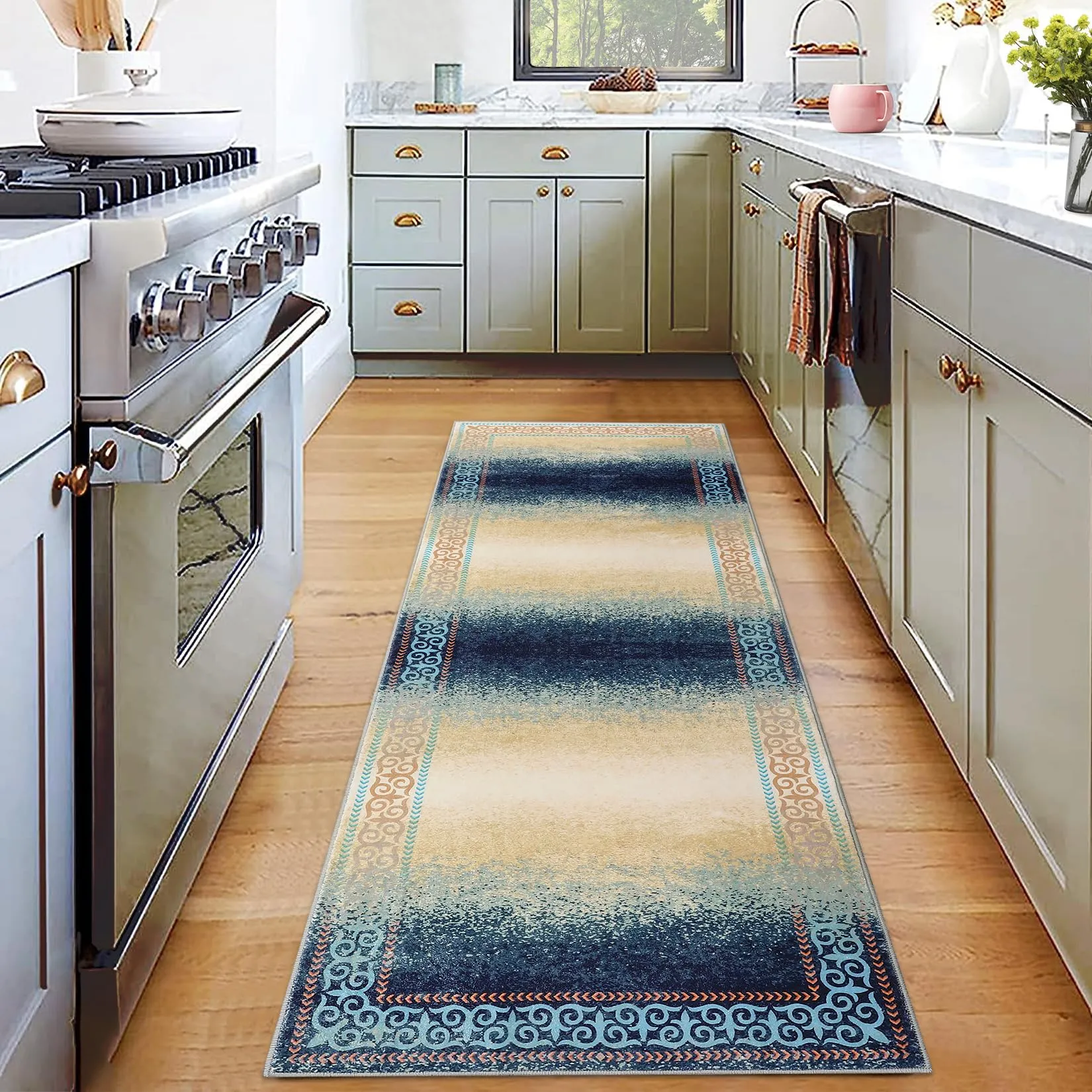 GARVEE Modern Ombre Runner Rug 2x6 - Soft Pearl Velvet, Non-Slip, Machine Washable, Floral Border - Ideal for Hallway, Entry, Kitchen