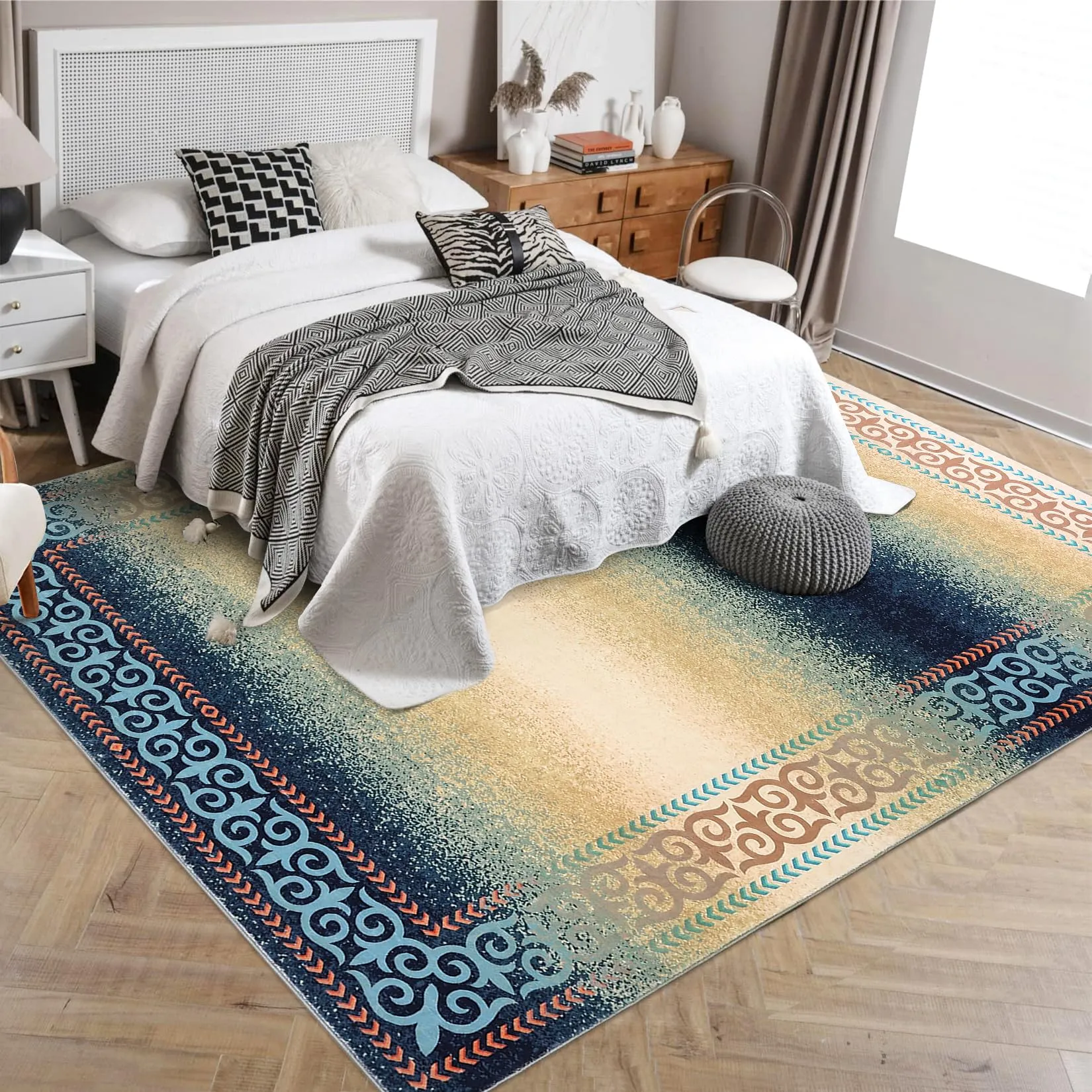 GARVEE Modern Washable 8x10 Boho Ombre Rug - Soft, Non-Slip Pearl Velvet, Machine Washable, No Shedding, Blue/Beige - Living Room, Bedroom, Office