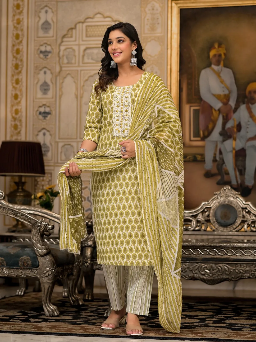 Green Ethnic Motif Printed Cotton Kurta, Pant And Dupatta Set With Thread & Mirror Work