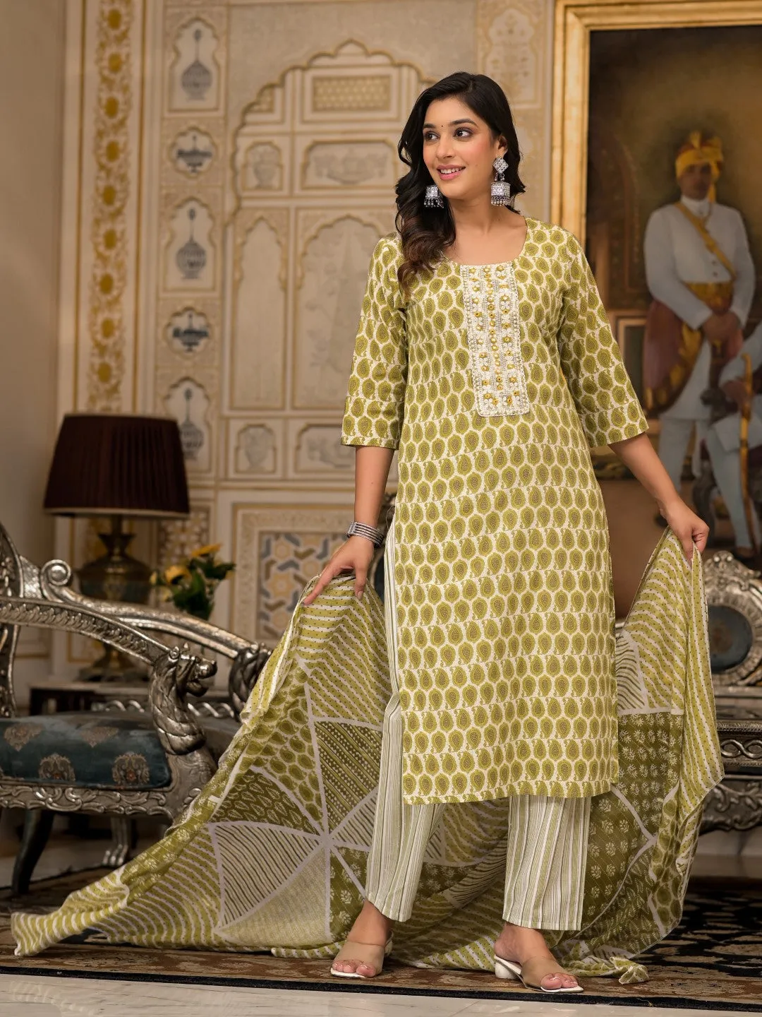 Green Ethnic Motif Printed Cotton Kurta, Pant And Dupatta Set With Thread & Mirror Work