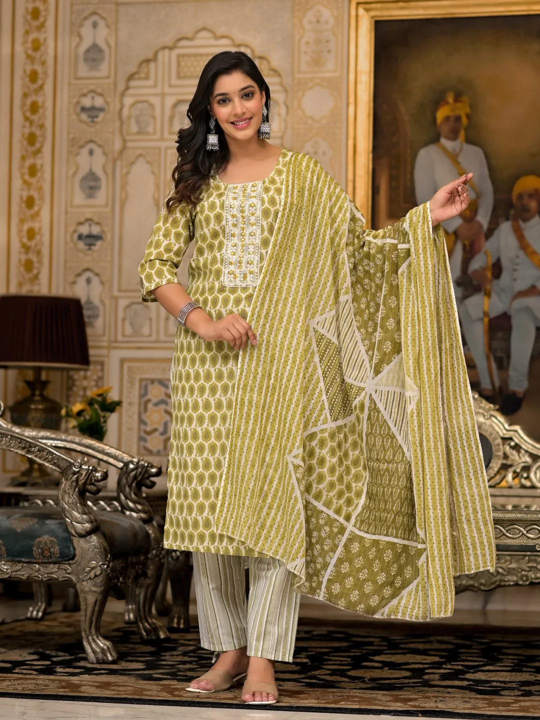 Green Ethnic Motif Printed Cotton Kurta, Pant And Dupatta Set With Thread & Mirror Work