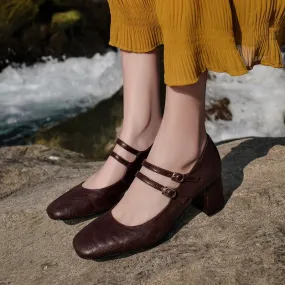 Leather Mary Jane Pumps Double Strappy 50mm Block Heel Dress Shoes in Brown/Black