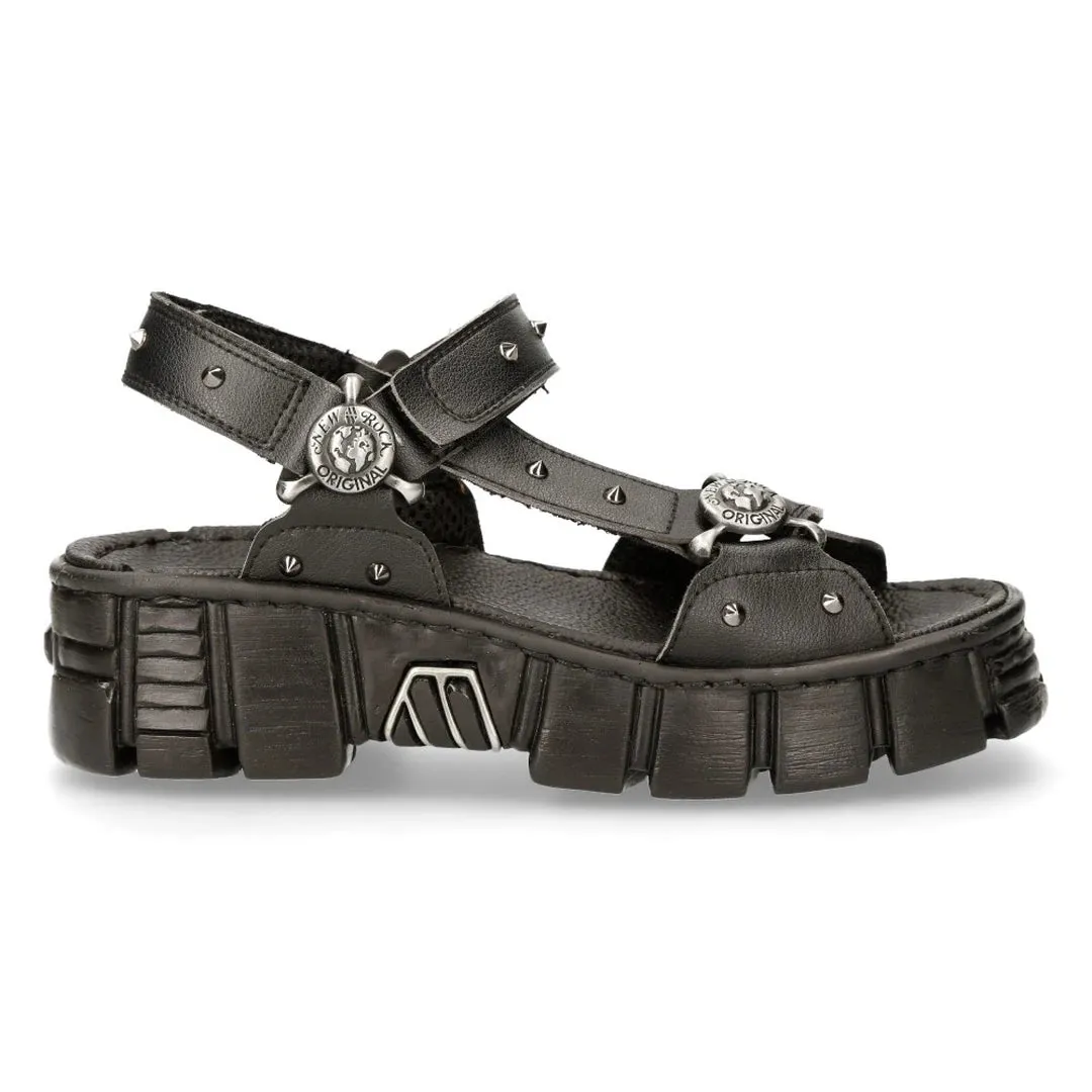 New Rock Boots BIOS120-V1 Unisex Metallic Black Vegan Leather Sandal Punk Rock