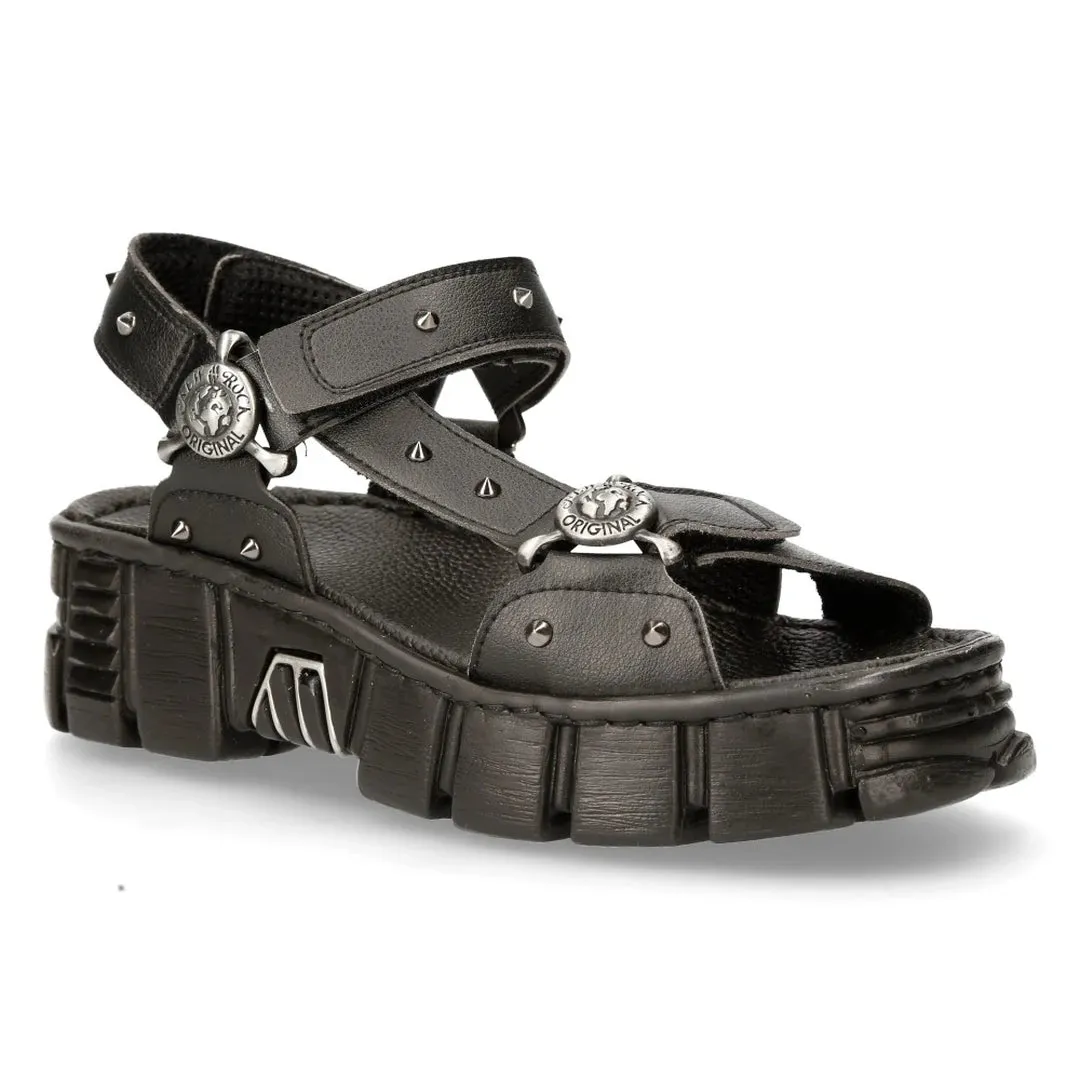 New Rock Boots BIOS120-V1 Unisex Metallic Black Vegan Leather Sandal Punk Rock