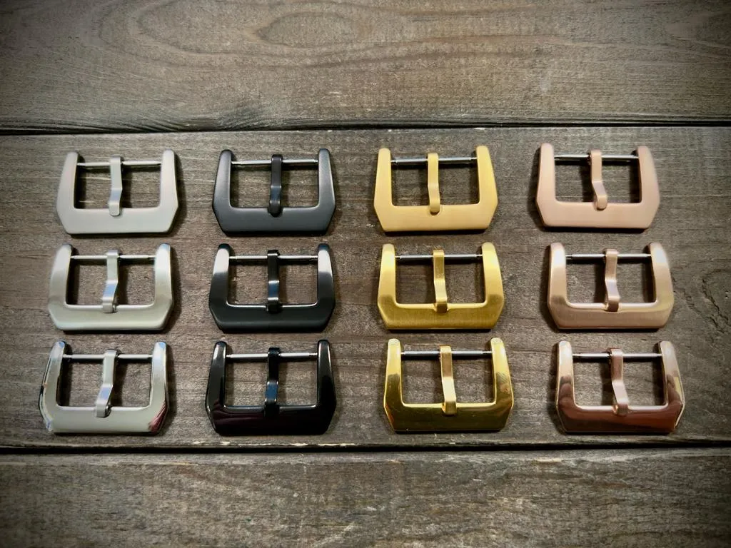 Panerai -style buckle, stainless steel (polished, matte, brushed) 18 mm, 20mm, 22 mm, 24 mm.