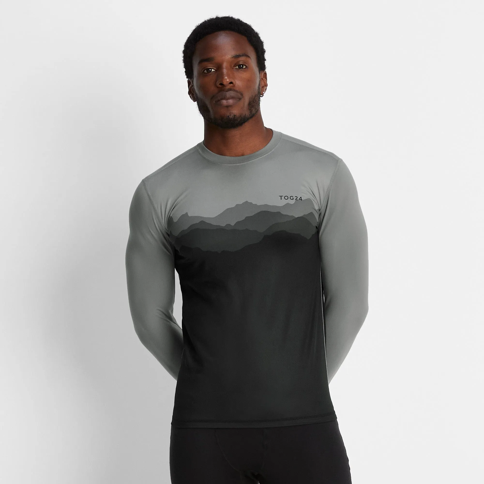 Snowdon Mens Thermal Base Layer Crew Neck - Grey Mountain Print