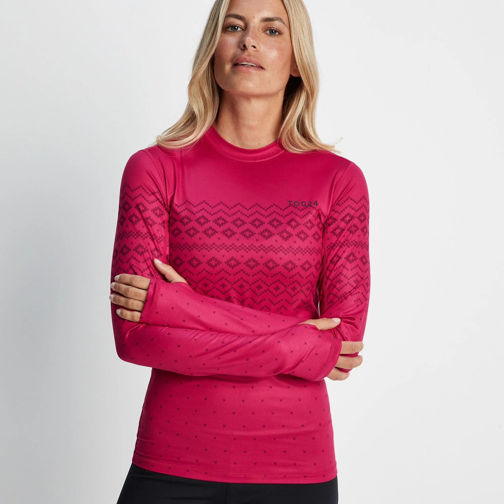 Snowdon Womens Thermal Base Layer Crew Neck - Cerise Fairisle