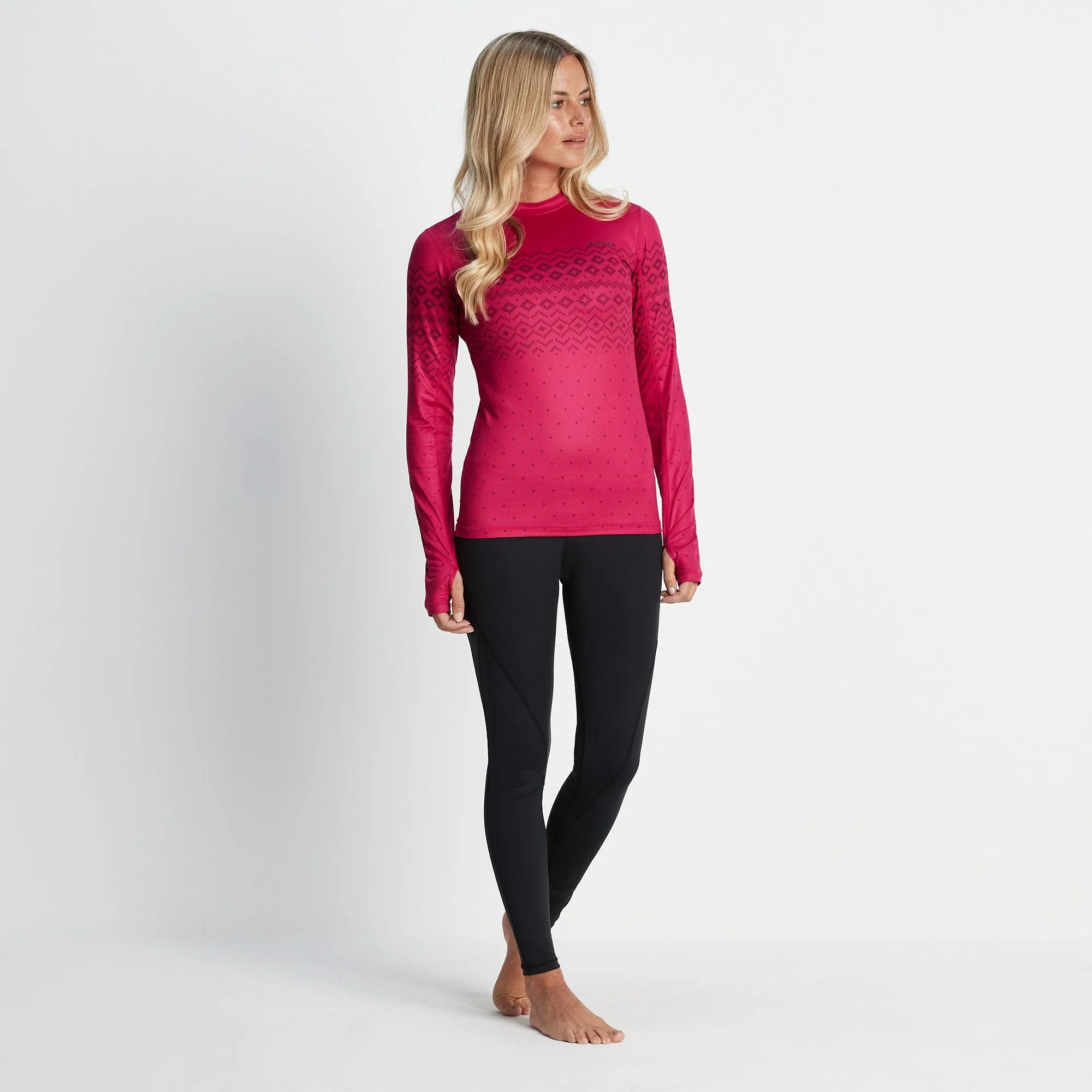 Snowdon Womens Thermal Base Layer Crew Neck - Cerise Fairisle