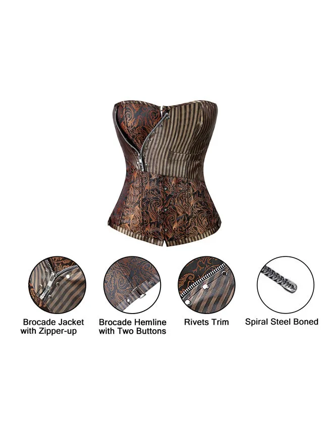 Steampunk Goth Retro Brocade Victorian Stripe Steel Boned Waist Cincher Bustier Corset