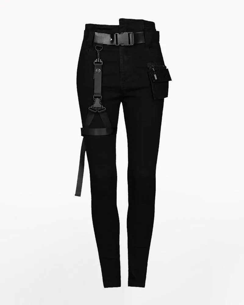 Techwear Black Women Buckle Cargo Goth Pants