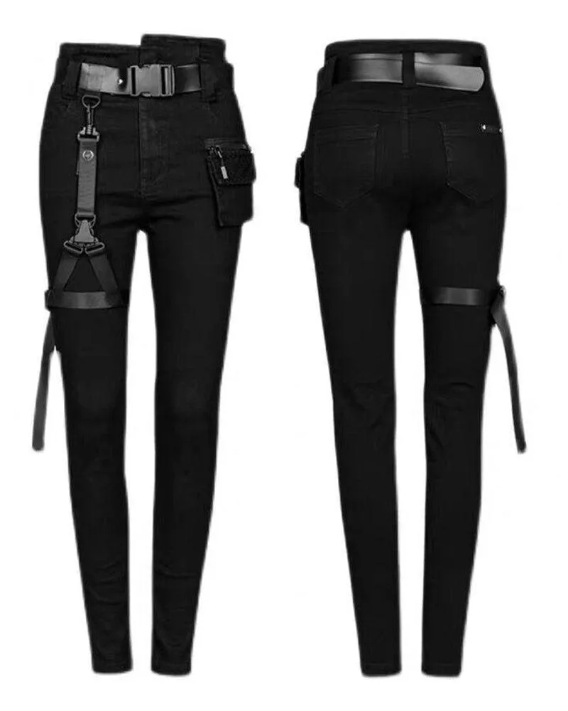 Techwear Black Women Buckle Cargo Goth Pants