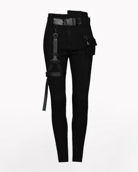 Techwear Black Women Buckle Cargo Goth Pants