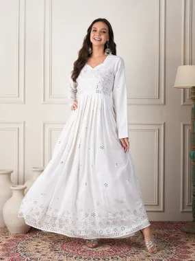 White Mirror Work Long Anarkali Kurta