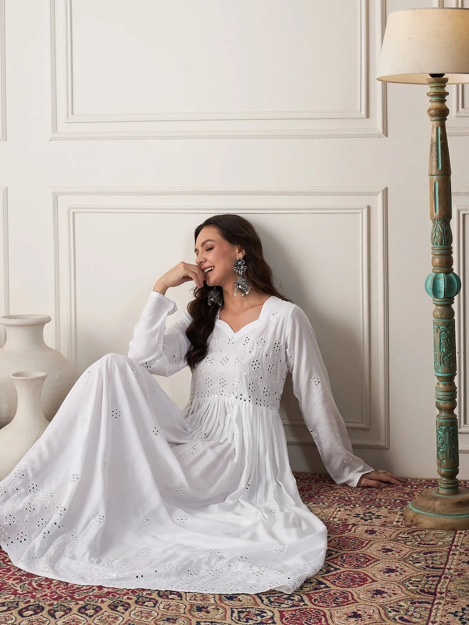 White Mirror Work Long Anarkali Kurta