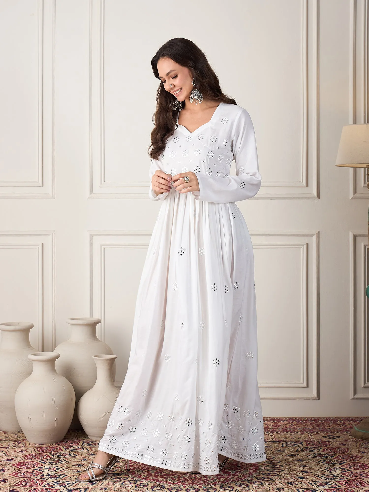 White Mirror Work Long Anarkali Kurta